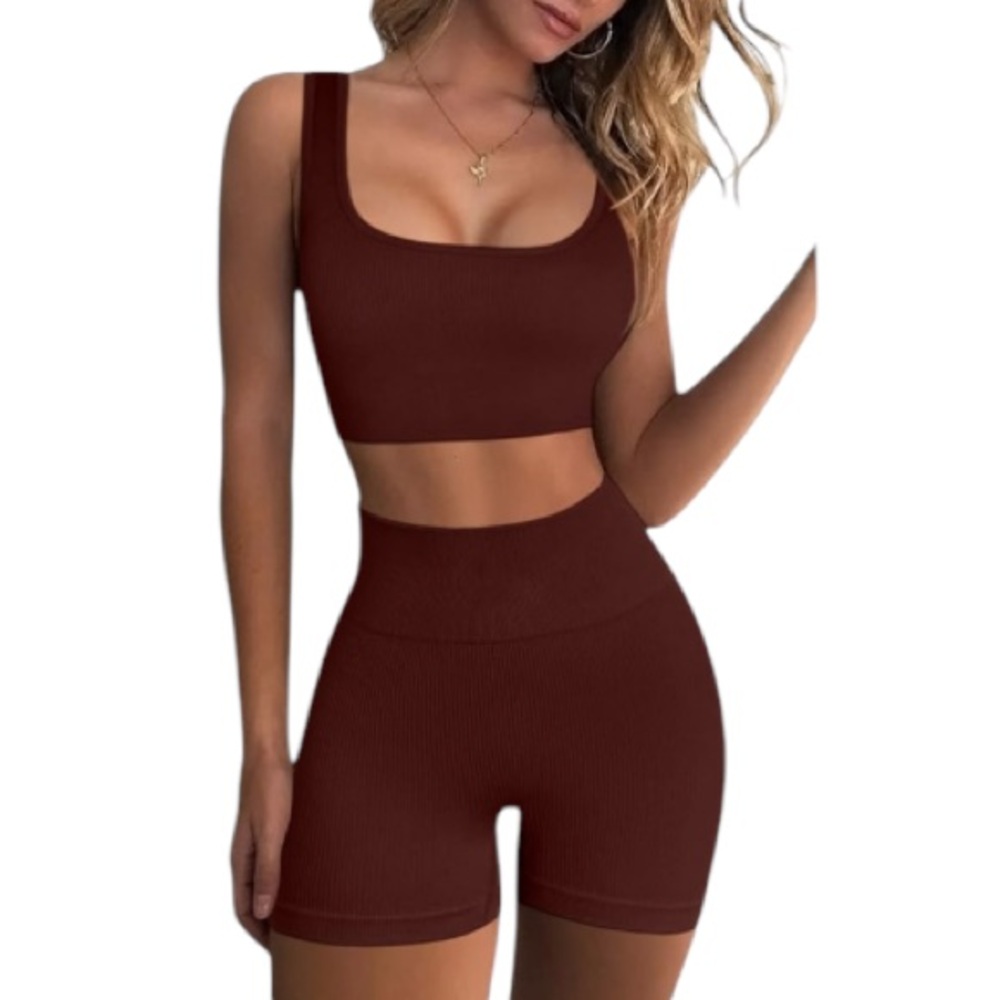 Brown matching ribbed bodycon sports bra bike shorts workout set size small